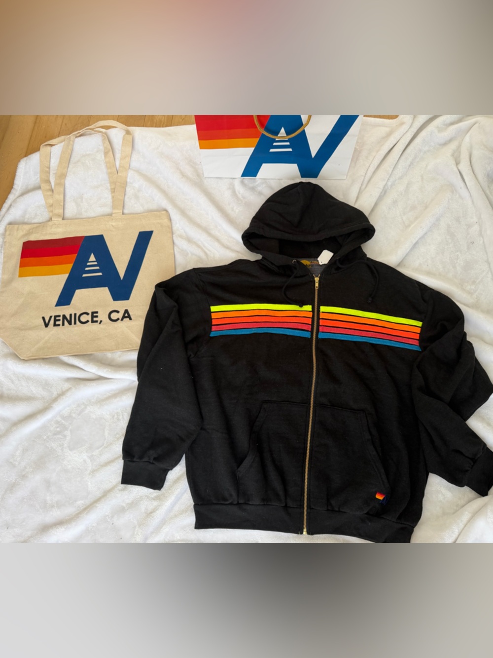 NWT AVIATOR NATION UNISEX 5 STRIPE HOODIE Size Extra Large Black + Tote Bag